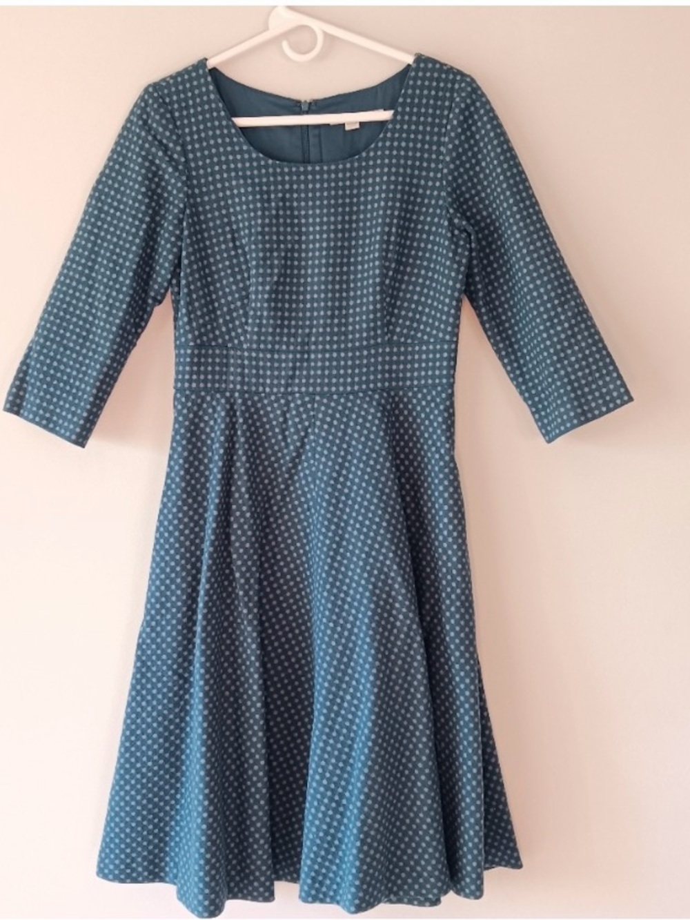 Boden Fit & Flare Dress Three Quarter Sleeve Polka Dot Aqua White Size 6 Long
